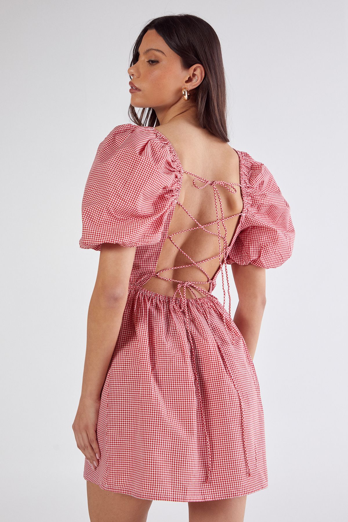 NastyGal Gingham Puff Sleeve Tie Back Mini Dress Red image 1