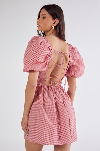 NastyGal Gingham Puff Sleeve Tie Back Mini Dress Red