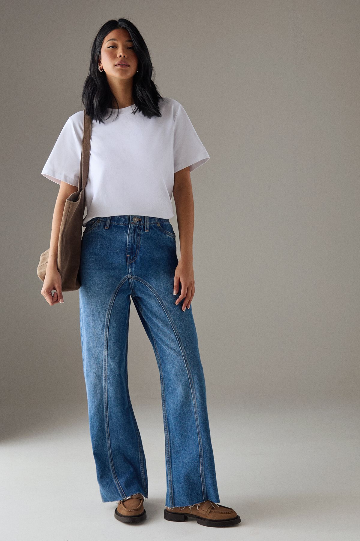 Warehouse Washed Raw Waist Seam Detail Denim Dad Jean Mid Wash image 2