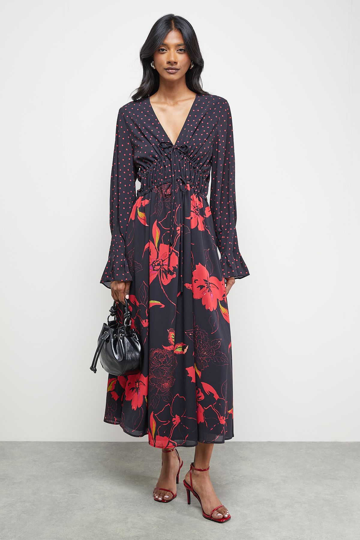 Warehouse Mixed Print Chiffon Tie Detail Midi Tea Dress Floral image 1