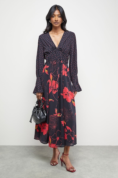 Warehouse Mixed Print Chiffon Tie Detail Midi Tea Dress Floral