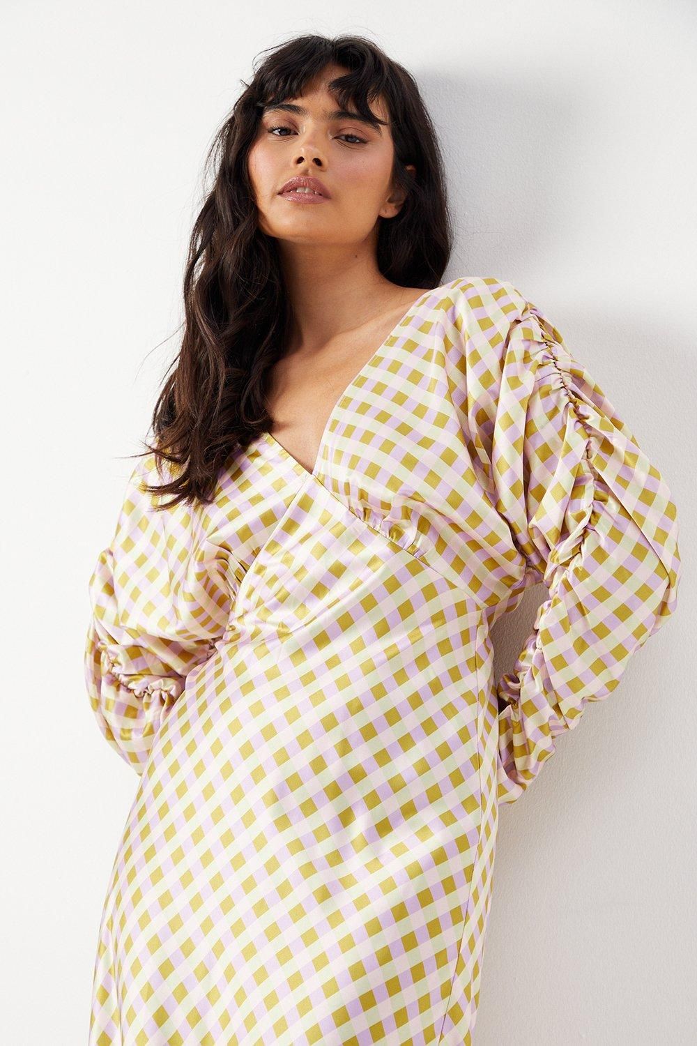 Warehouse Gingham Satin Batwing Bias Midi Dress Lilac image 4