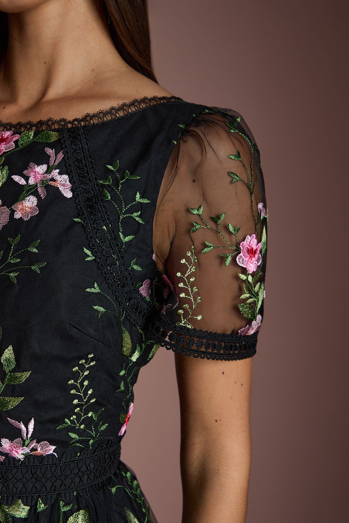 Coast Lace Trim Detail Embroidered Mesh Midi Dress Black image 4