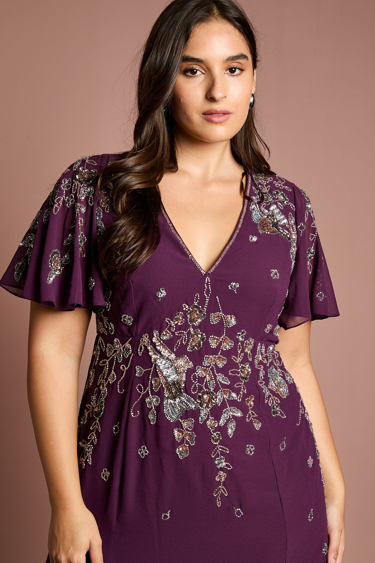 Coast Plus Floral Embellished Flutter Sleeve Midi Dress Wine image 4