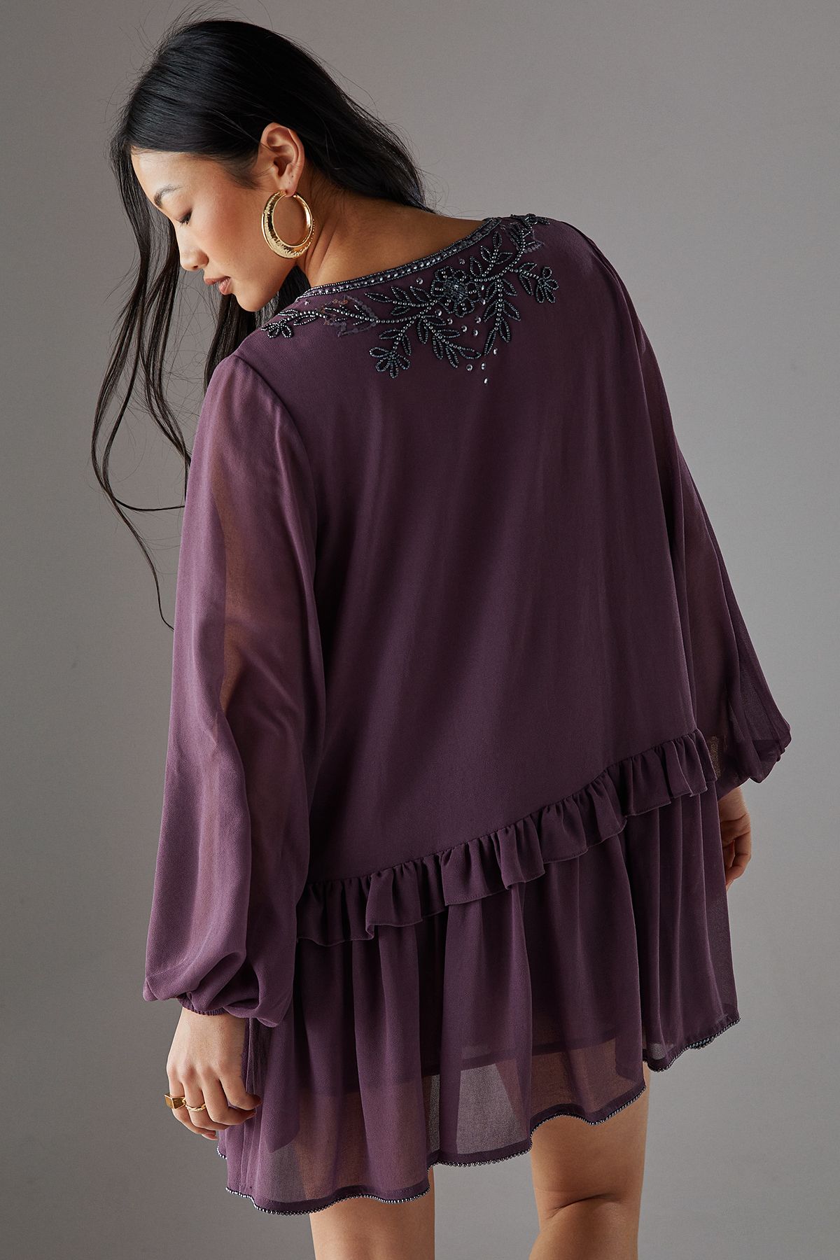 Warehouse Petite Hand Embellished Chiffon Mini Smock Dress Mauve image 4