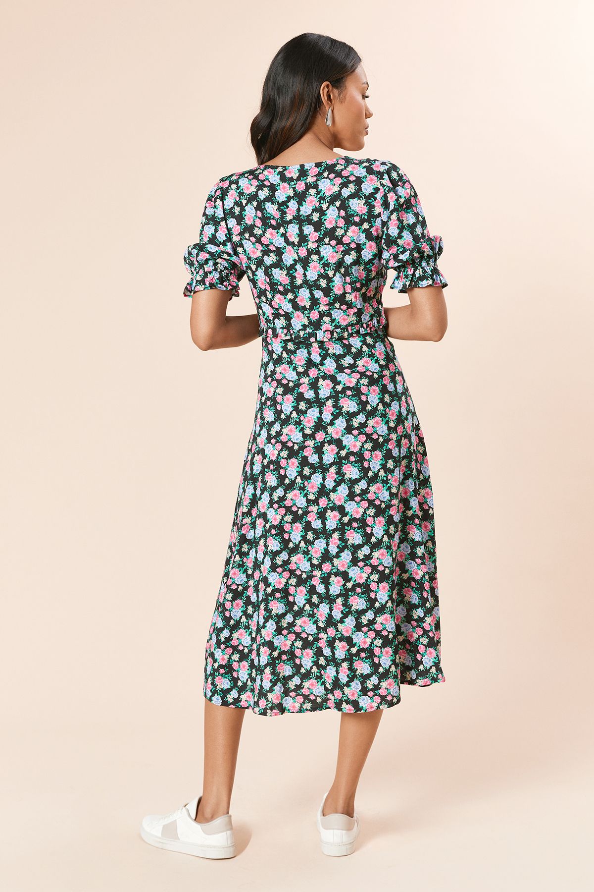 Dorothy Perkins Floral Button Front Puff Sleeve Midi Dress Floral image 4
