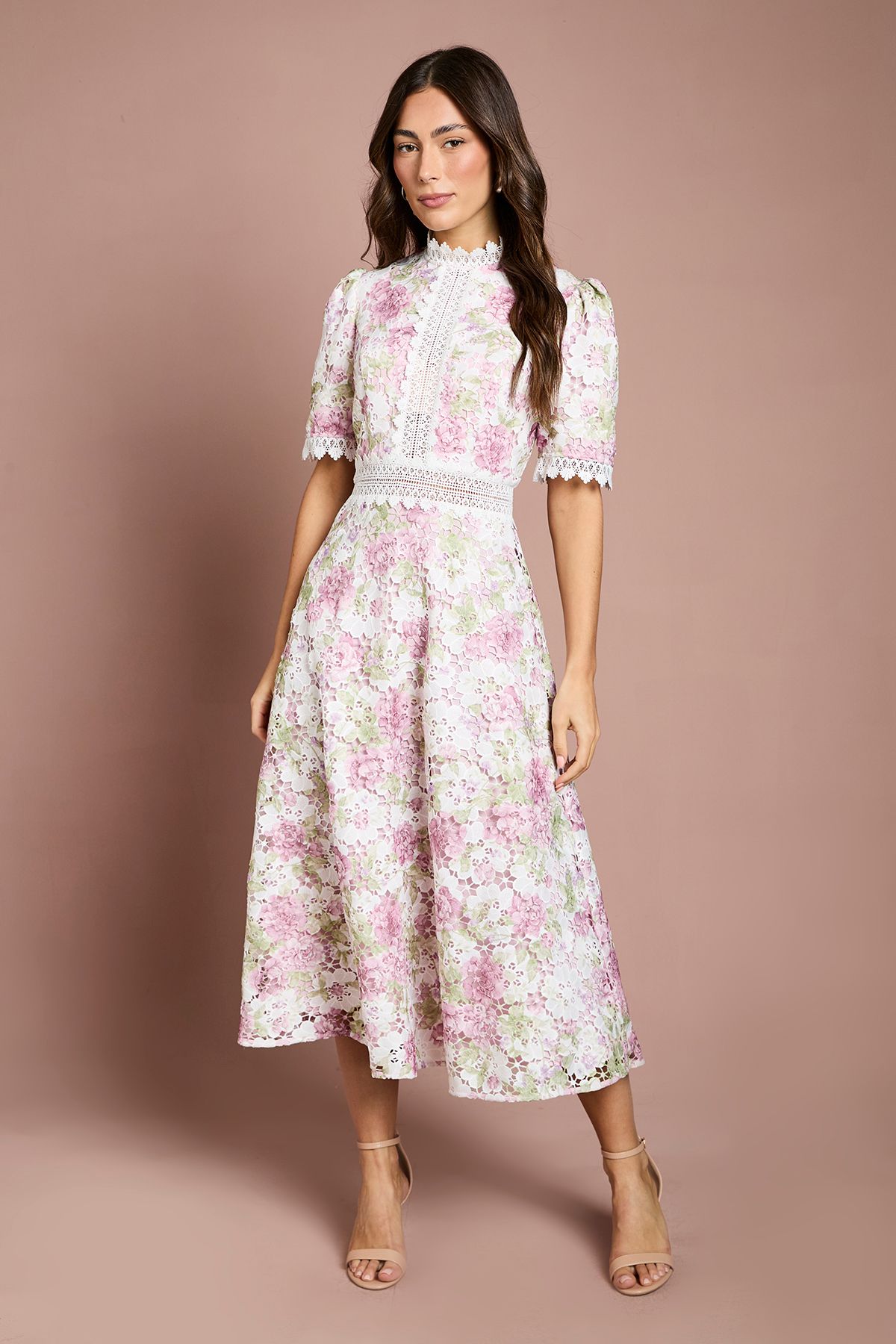Coast Printed Lace Short Sleeve Trim Detail Midi Dress Pink
