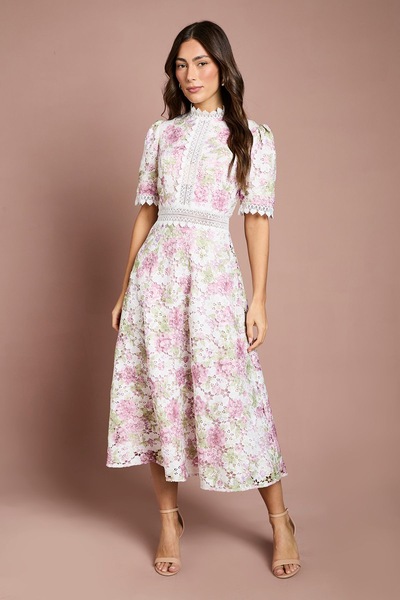 Coast Printed Lace Short Sleeve Trim Detail Midi Dress Pink