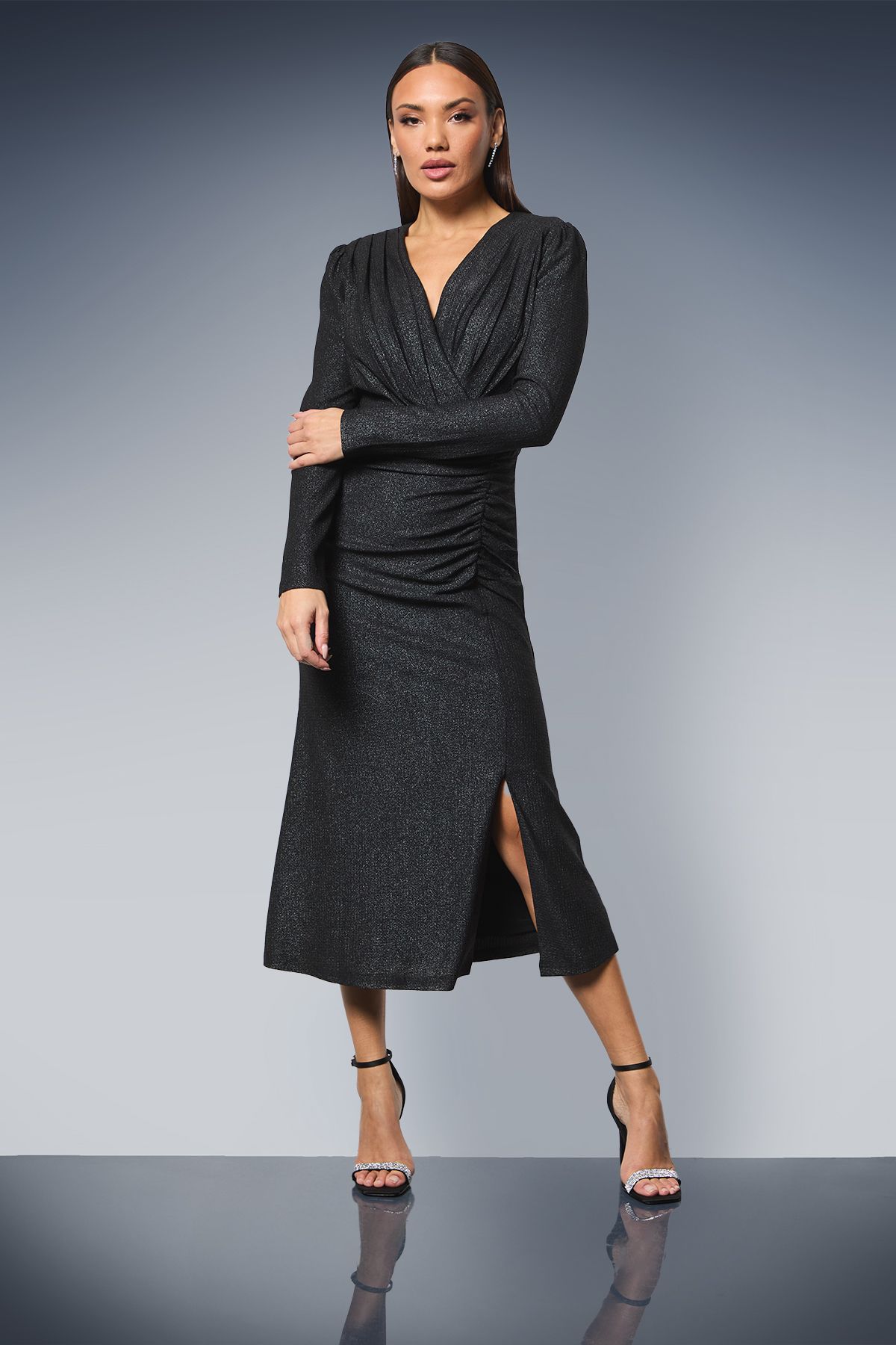 Principles Ruched Front Wrap Neck Glitter Jersey Midi Dress Black image 1