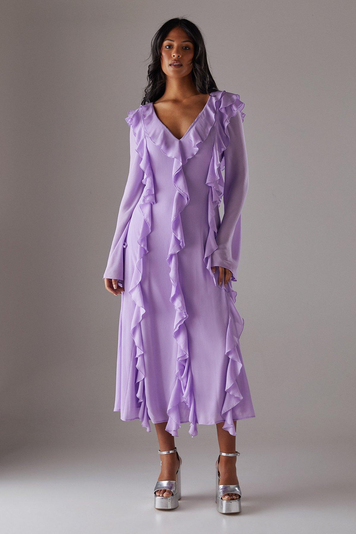 Warehouse Lilac Premium Chiffon Ruffle Tie Cuff Maxi Dress PLT