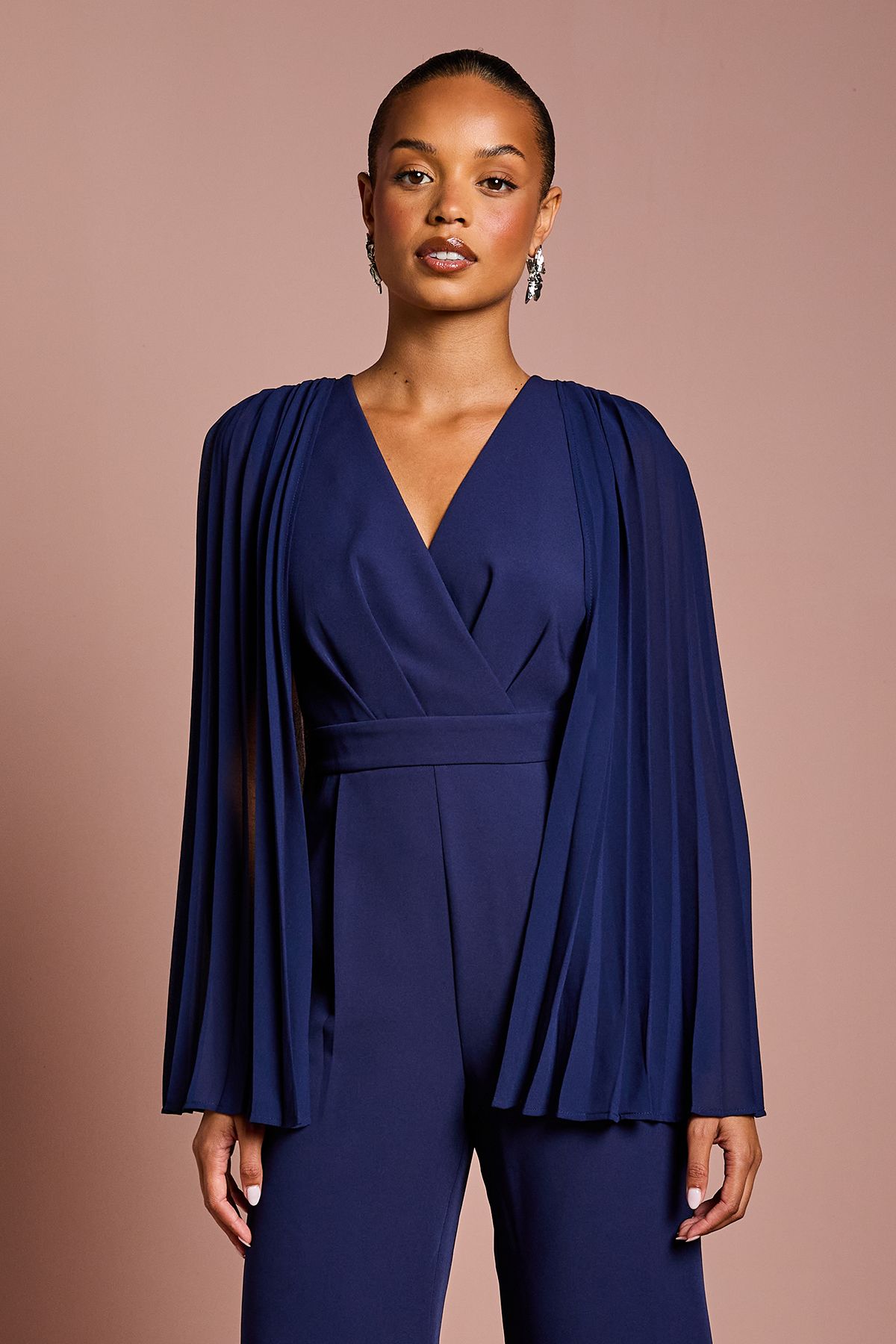 Coast Petite V Neck Pleated Long Sleeve Jumpsuit Navy image 2