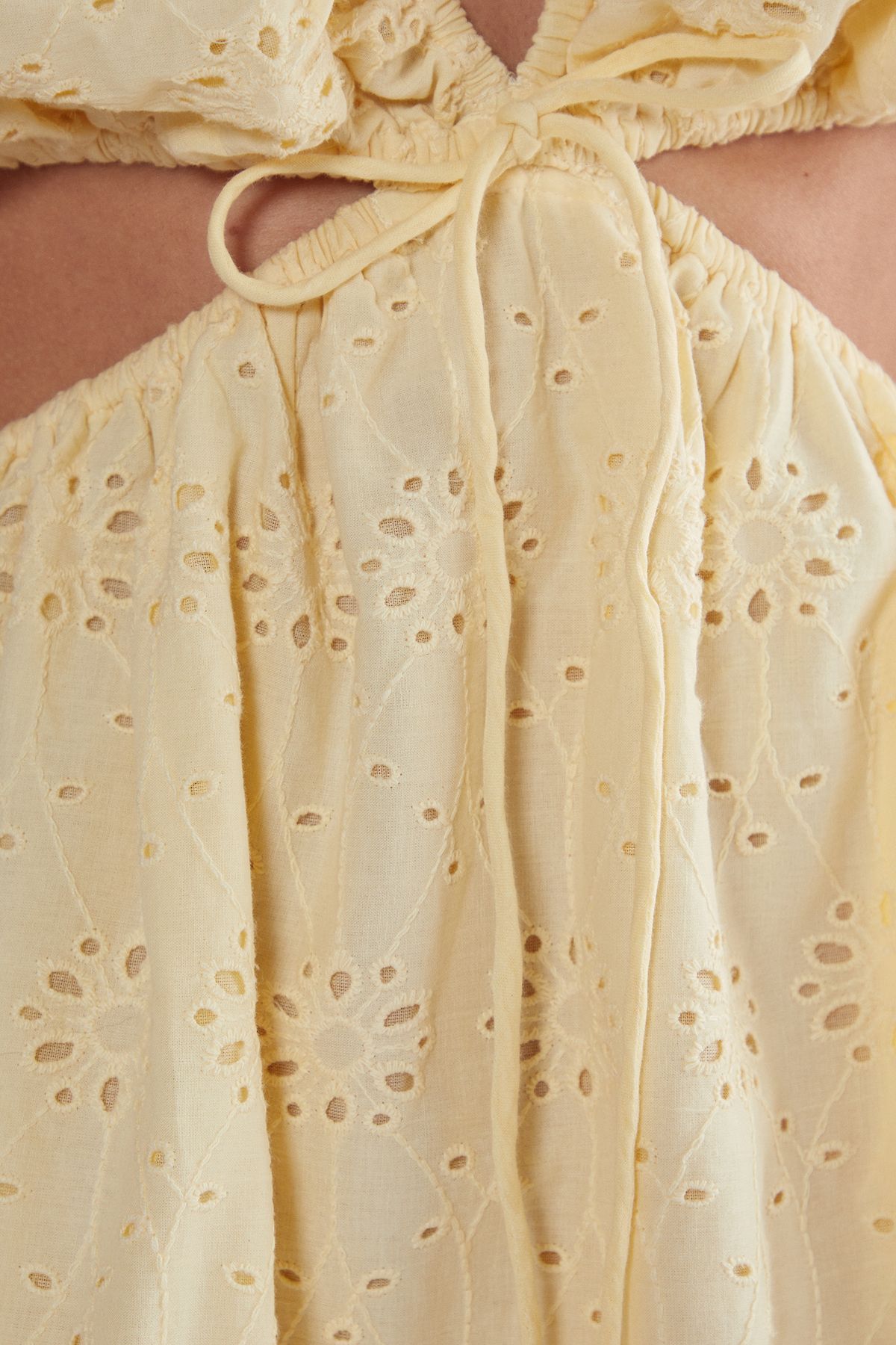 NastyGal Broderie Cut Out Tie Front Puff Sleeve Skater Dress Lemon image 5