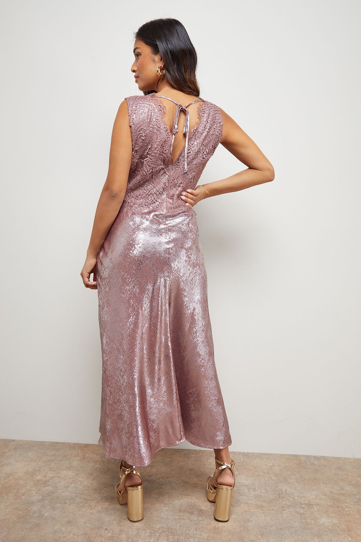 Oasis Petite Metallic Lace Detail Midi Slip Dress Rose image 3