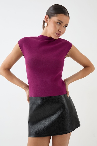 MissPap Premium High Neck Knitted Capped Sleeve Top Berry