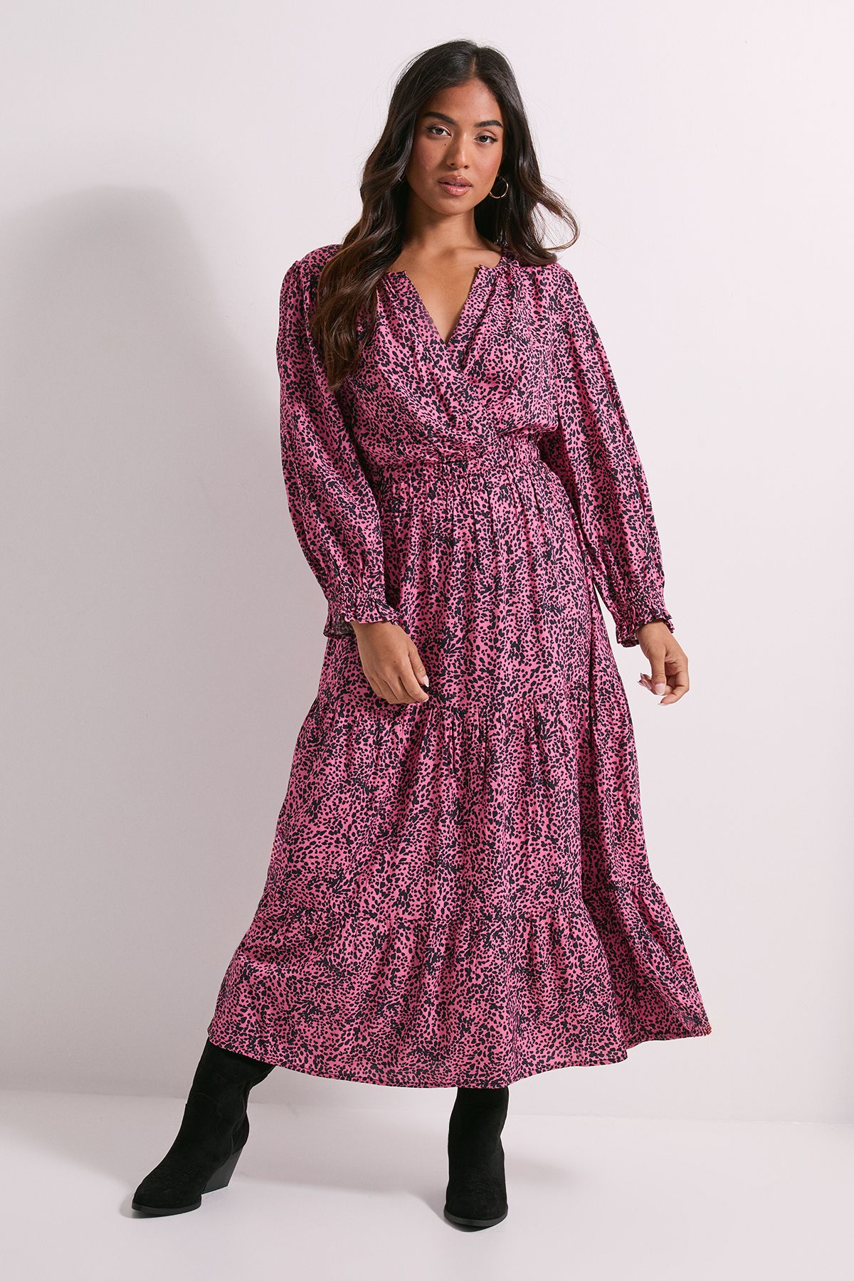 Dorothy Perkins Petite Pink Animal Wrap Front Tiered Skirt Midaxi Dress Animal image 1
