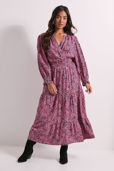 Dorothy Perkins Petite Pink Animal Wrap Front Tiered Skirt Midaxi Dress Animal