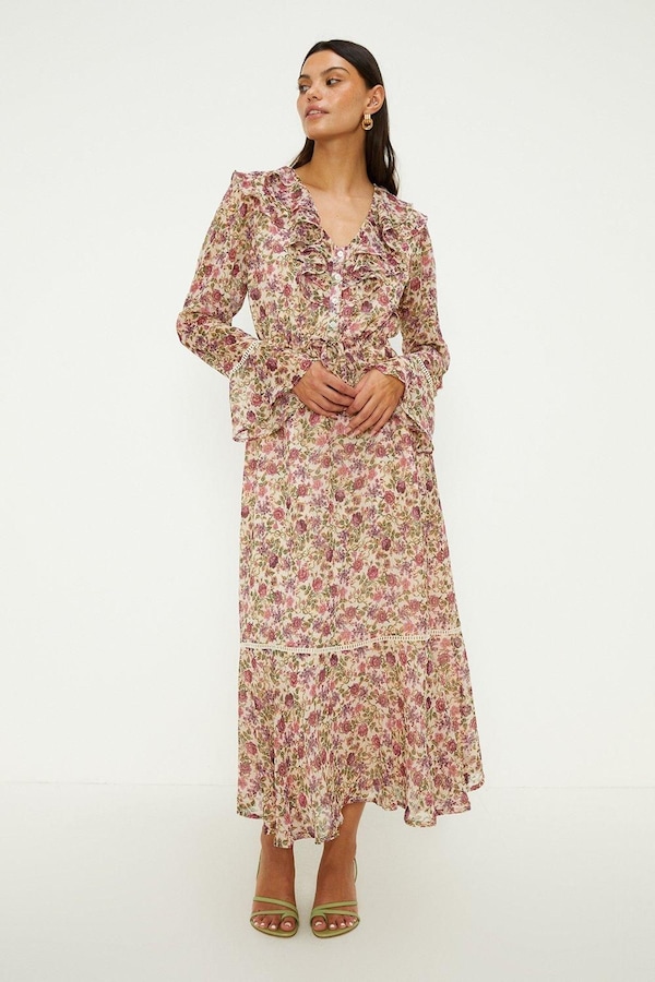 Oasis Vintage Floral Double Ruffle Button Front Dress Multi