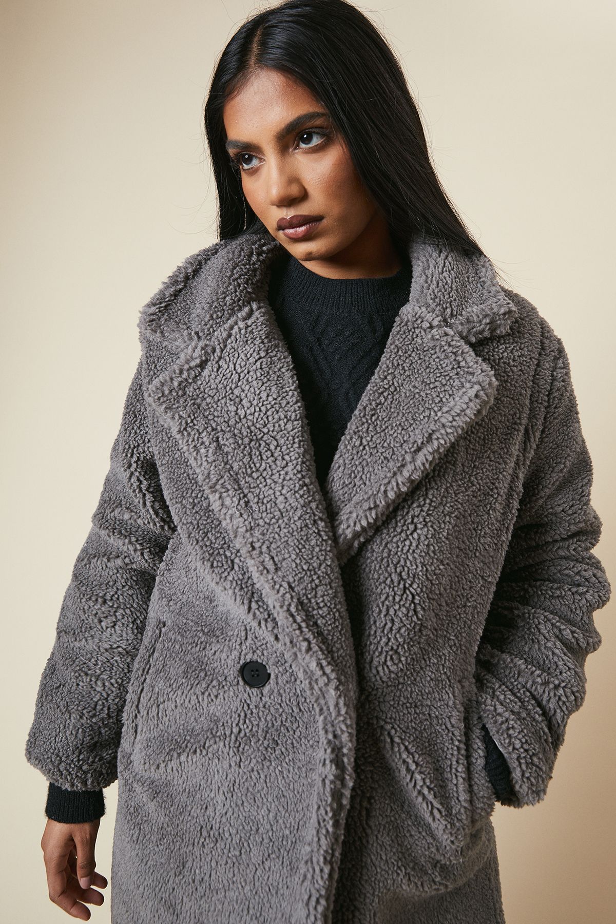 Dorothy Perkins Borg Collared Midi Coat Grey image 4