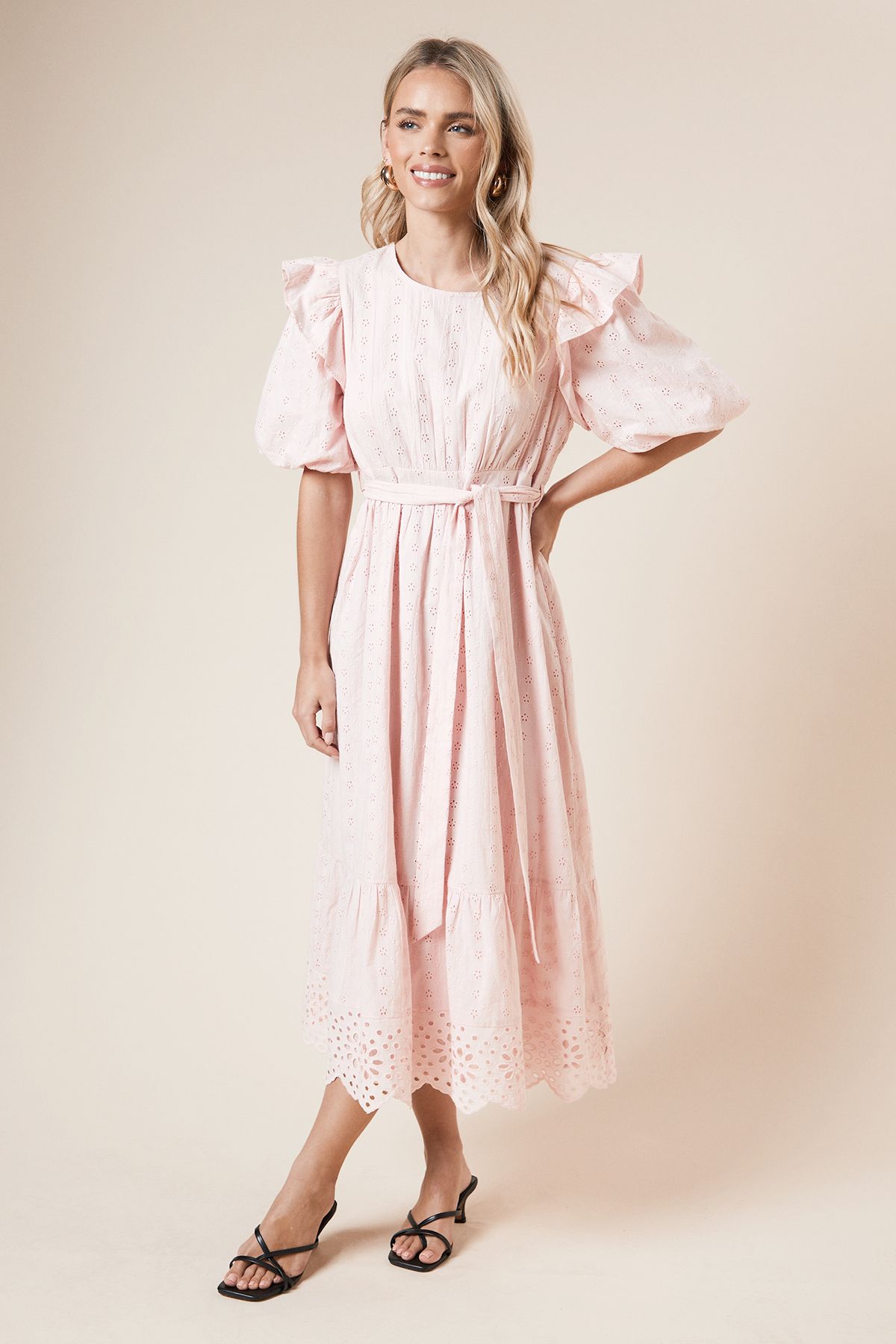 Dorothy Perkins Petite Cutwork Ruffle Puff Sleeve Midi Dress Pink image 1