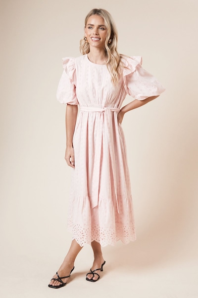 Dorothy Perkins Petite Cutwork Ruffle Puff Sleeve Midi Dress Pink