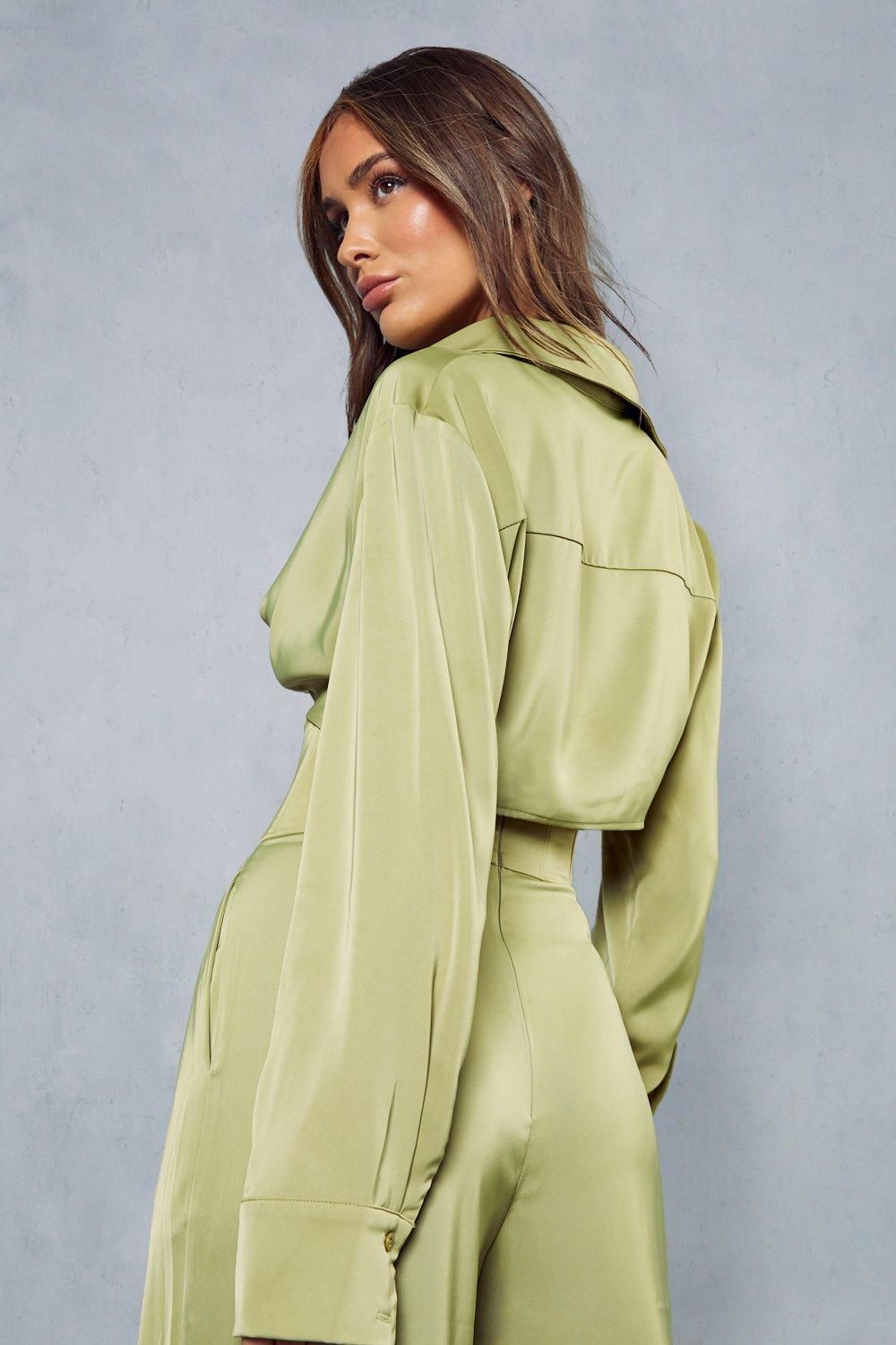 MissPap Satin Twist Front Cropped Shirt Olive image 3