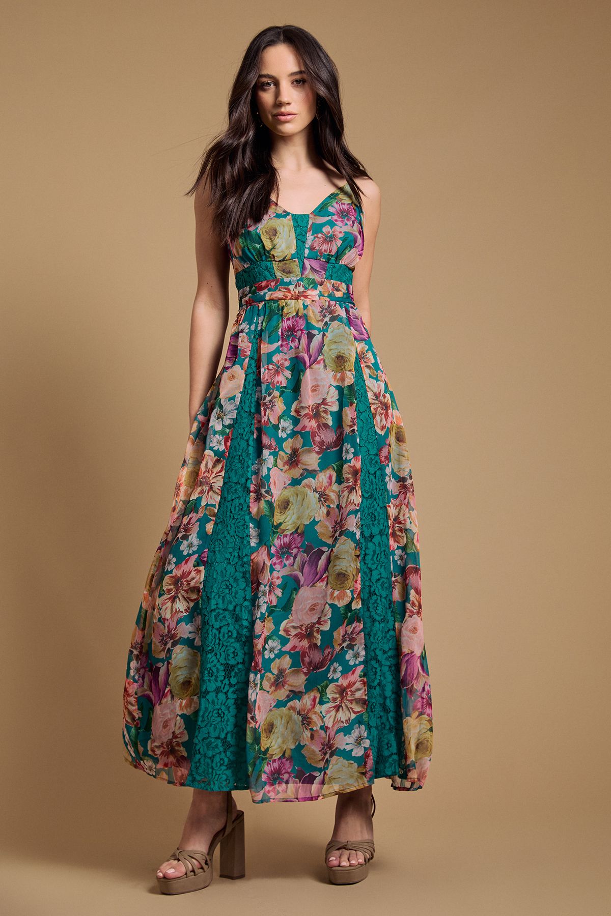 Oasis Lace Panelled Waist Pleated Maxi Dress Green image 1