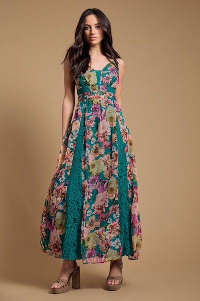 Oasis Lace Panelled Waist Pleated Maxi Dress Green