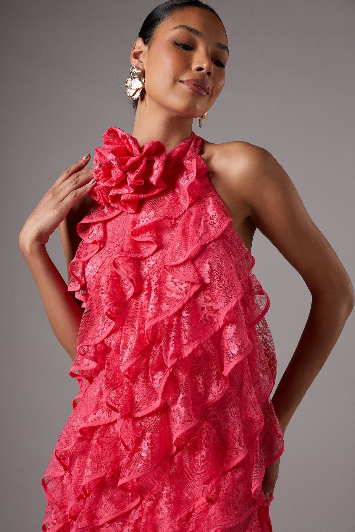 Coast Lace Frill Mini Dress Coral image 4