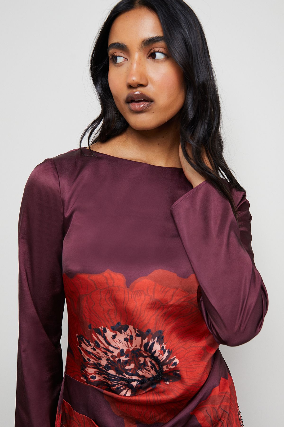 Warehouse Floral Placement Print Satin Midi Dress Dark Red image 4