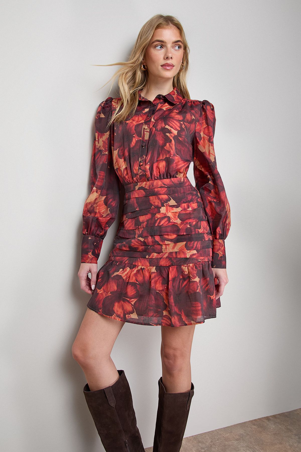 Oasis Long Sleeve Button Up Collar Detail Mini Dress Burgundy