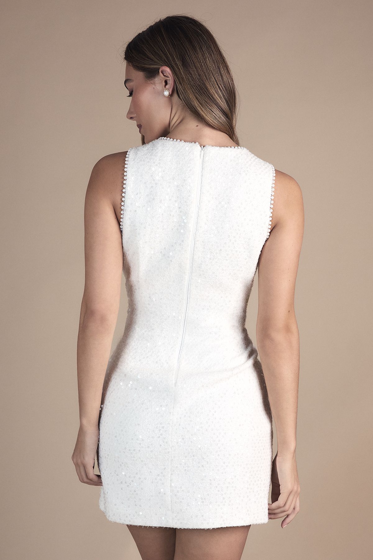 Coast Sequin Tweed Mini Wedding Dress with Pearl Trim and Bow Detail Ivory image 3