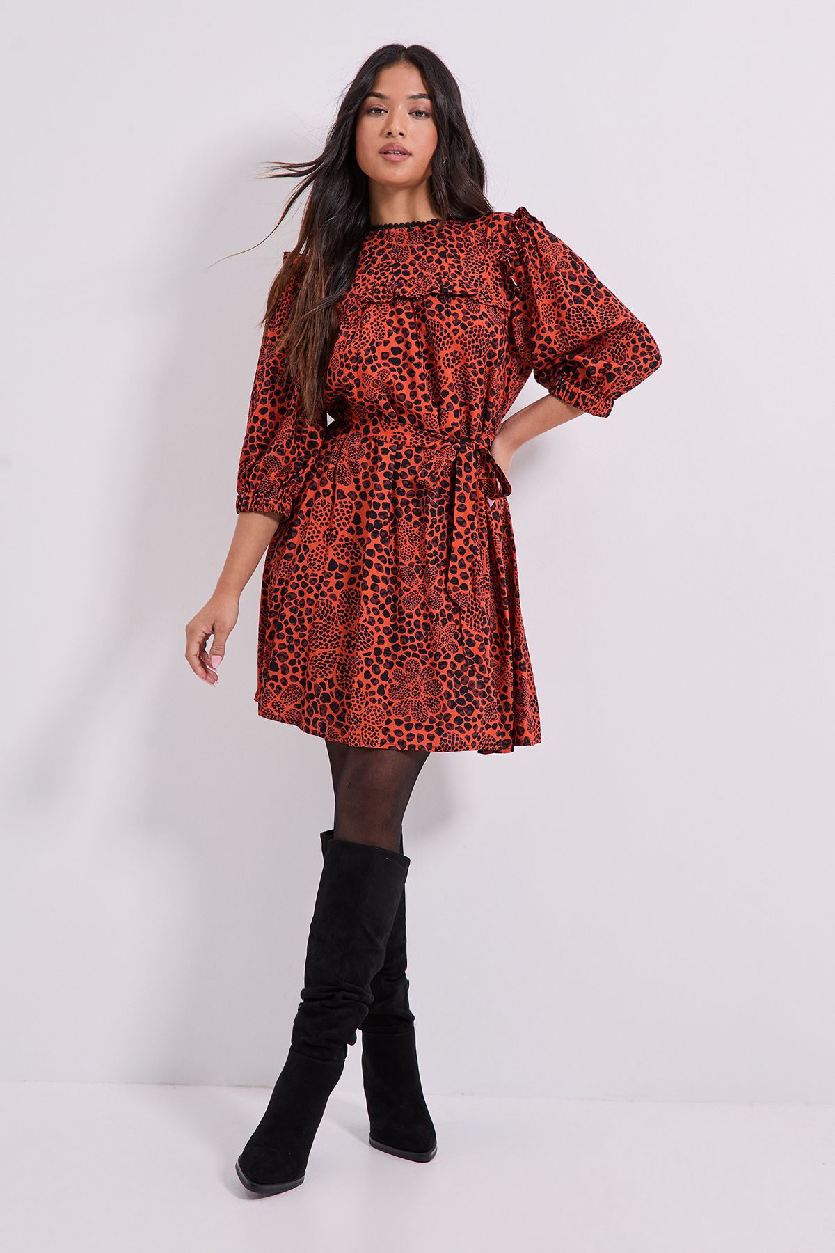 Dorothy Perkins Petite Tie Waist Yoke Frill Detail Printed Belted Mini Dresss Orange image 2