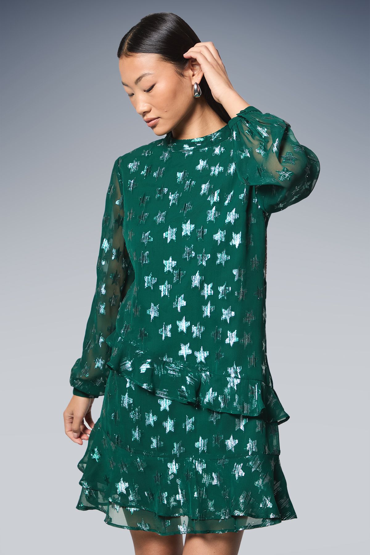 Dorothy Perkins Petite DP Luxe Star Jacquard Ruffle Shift Mini Dress Green image 2