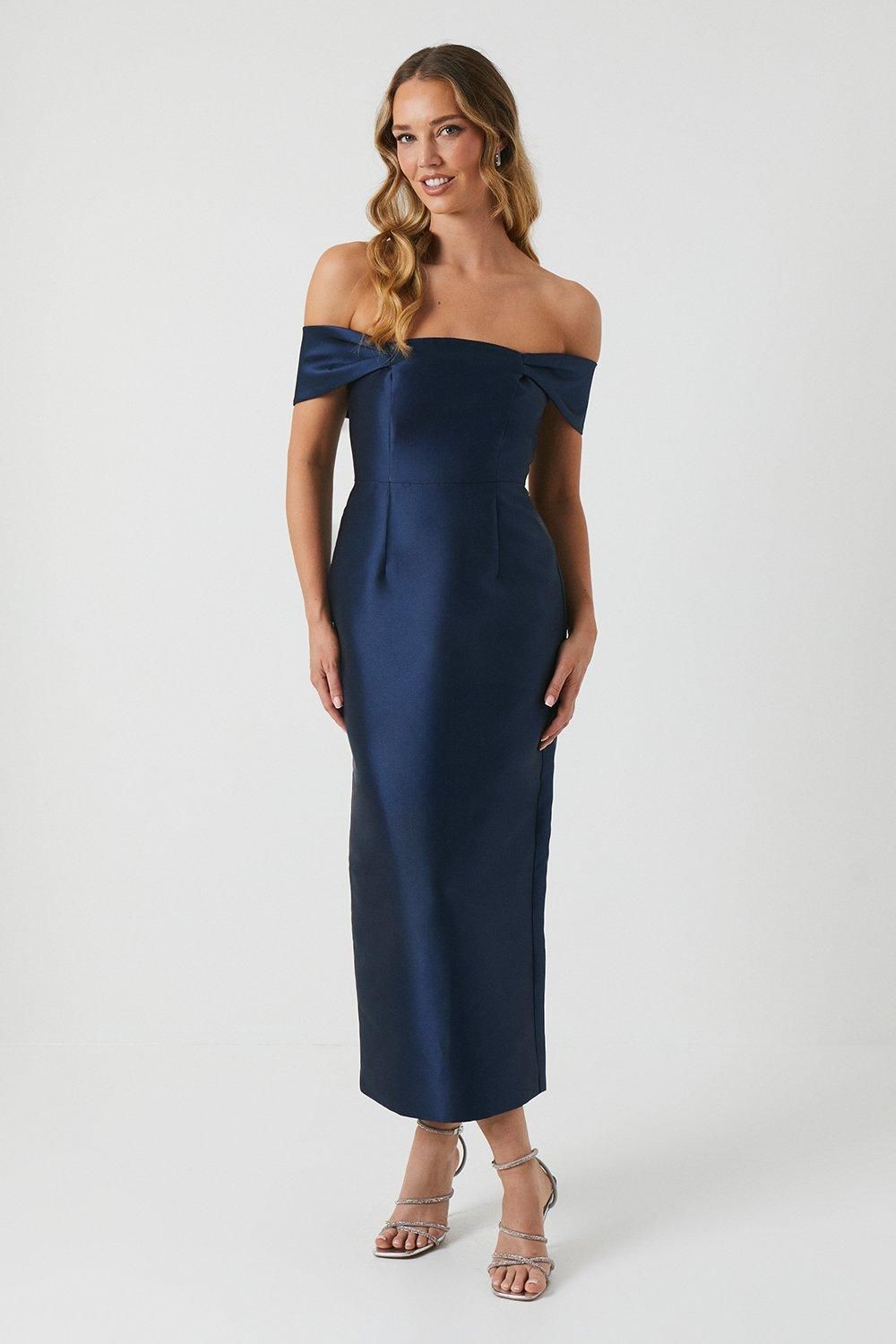 Coast Coast Honoured Petite Twill Bardot Column Midi Bridesmaid Dress Navy