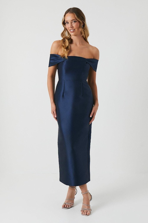 Coast Coast Honoured Petite Twill Bardot Column Midi Bridesmaid Dress Navy