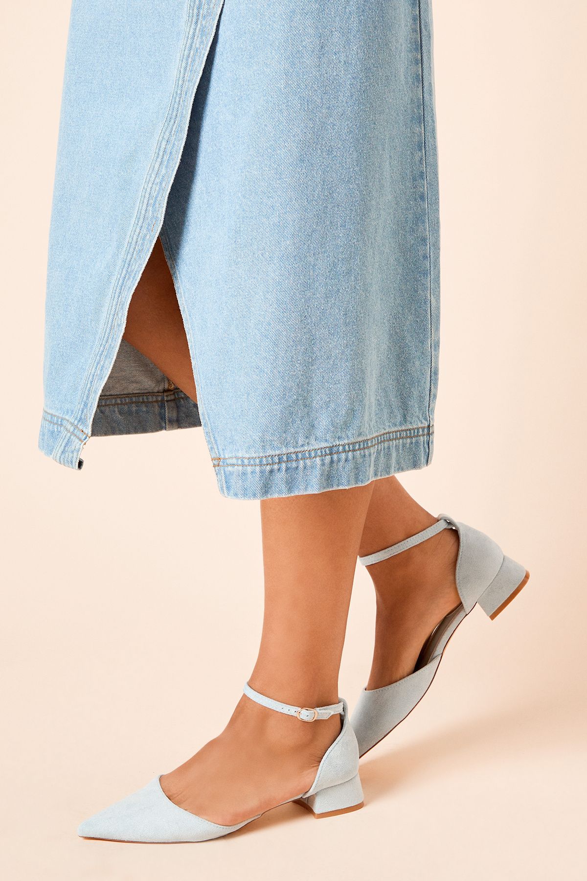 Dorothy Perkins Bennie Faux Suede Pointed Low Block Heel Court Shoes Light Blue image 3