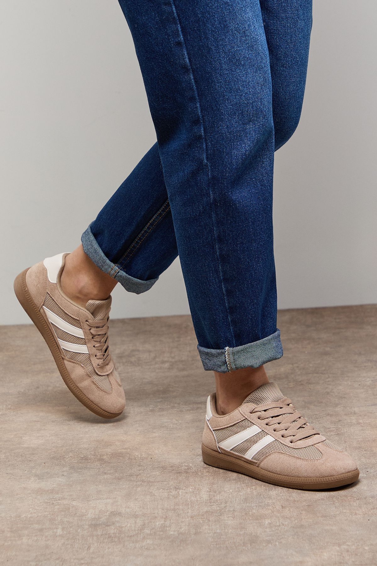 Oasis Jenna Faux Suede Mesh Detail Lace Up Trainers Beige image 1