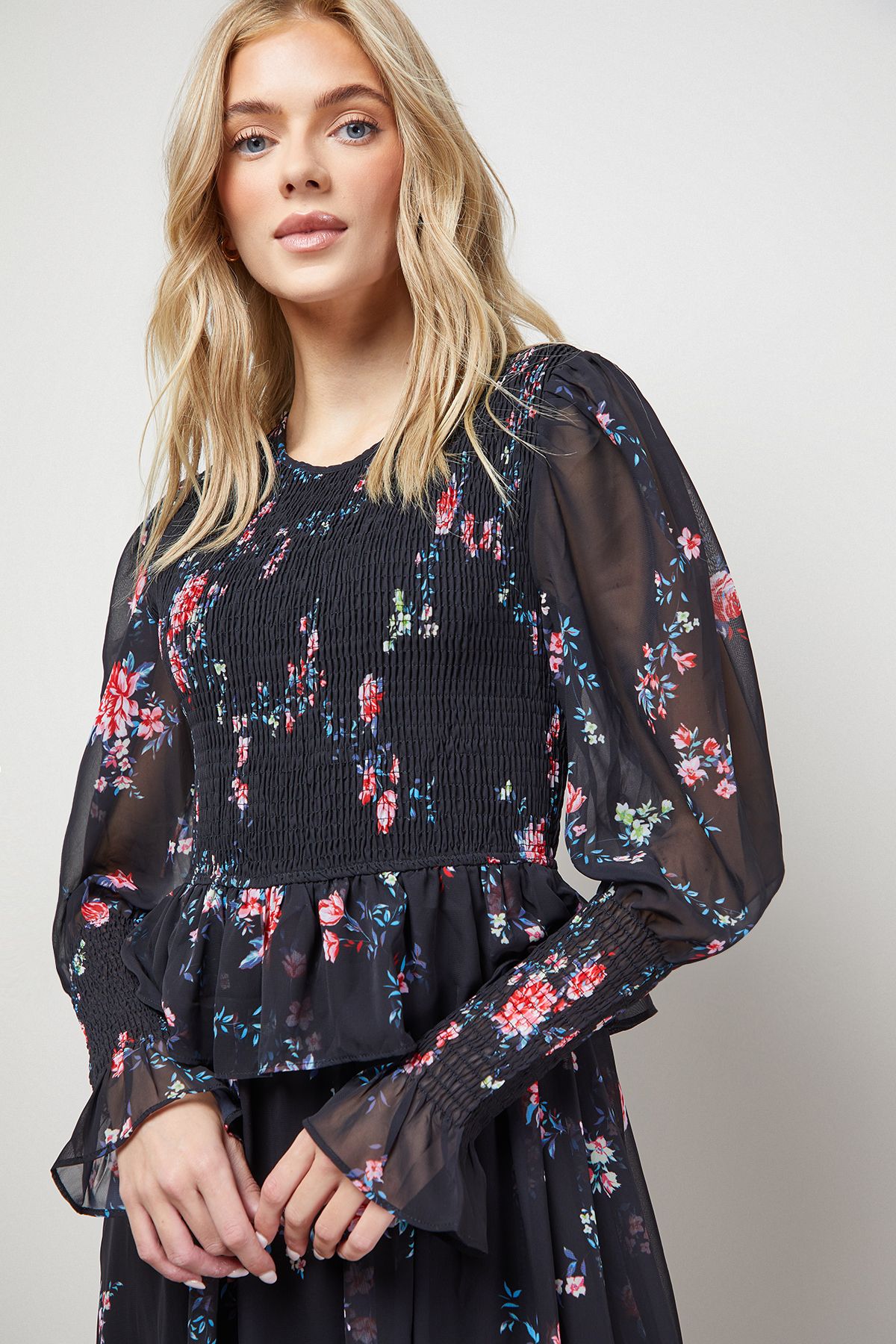 Oasis Western Shirred Bodice Long Sleeve Dress Black image 4