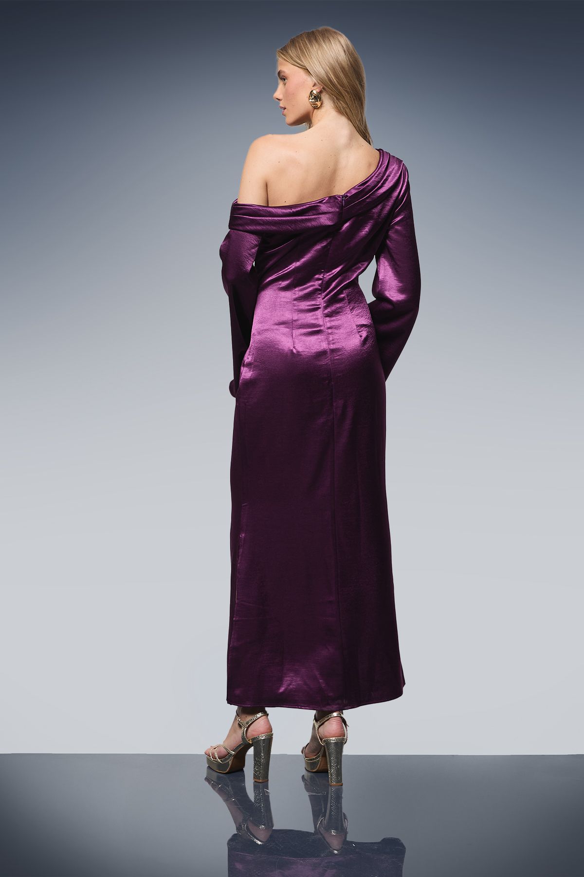 Oasis Satin Off The Shoulder Slip Dress Purple image 3
