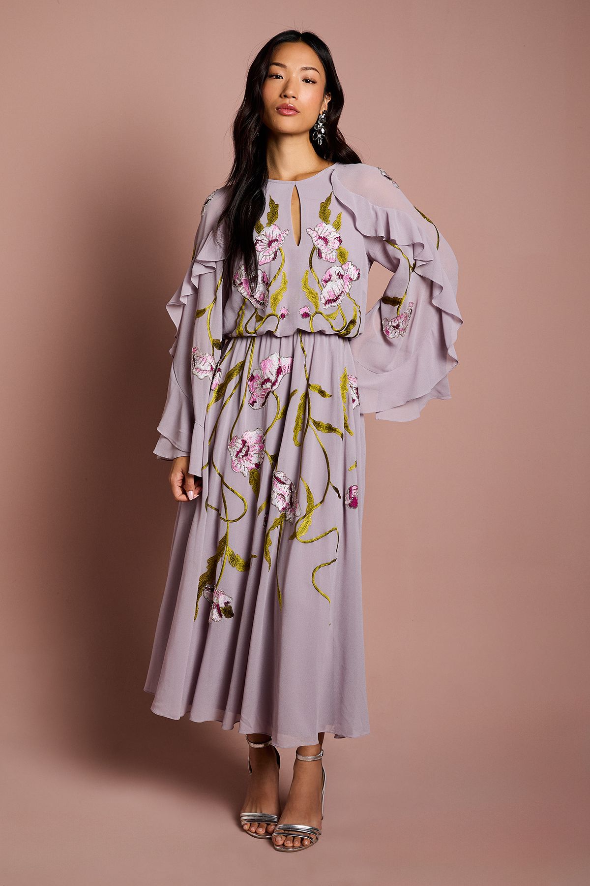 Coast Embroidered Tiered Chiffon Midi Dress Mauve image 1