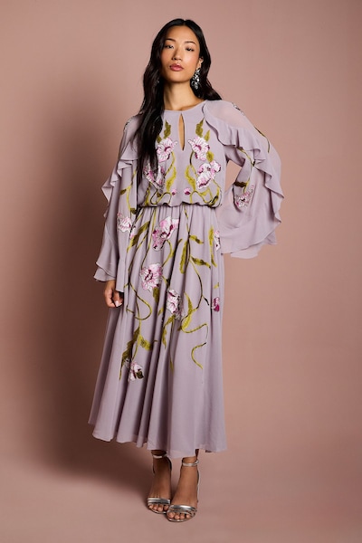 Coast Embroidered Tiered Chiffon Midi Dress Mauve