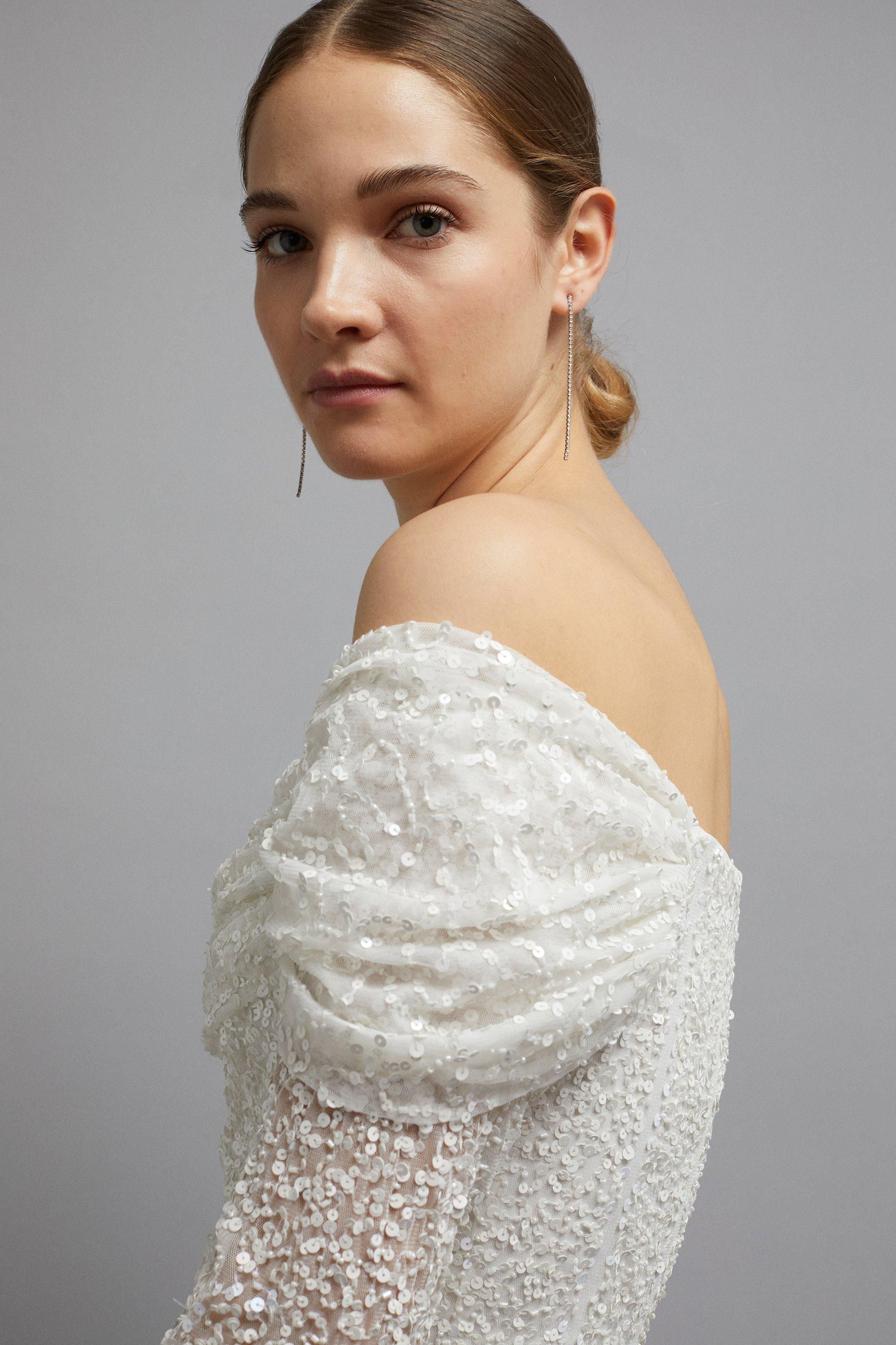 Coast Coast Honoured Sequin Draped Bardot Long Sleeve Maxi Wedding Dress Ivory image 2