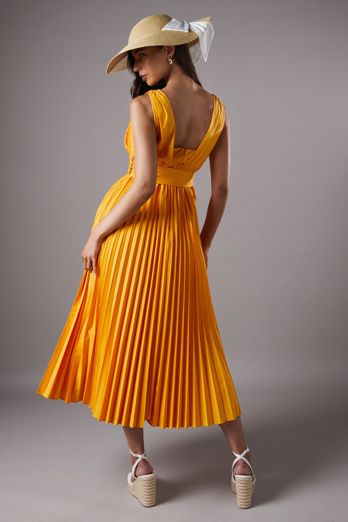 Coast Lisa Tan Polo Pleated Cotton Belted Midi Dress Yellow image 3