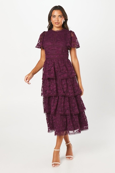 Coast Tiered Lace Dress With Flutter Sleeve & Trims Plum