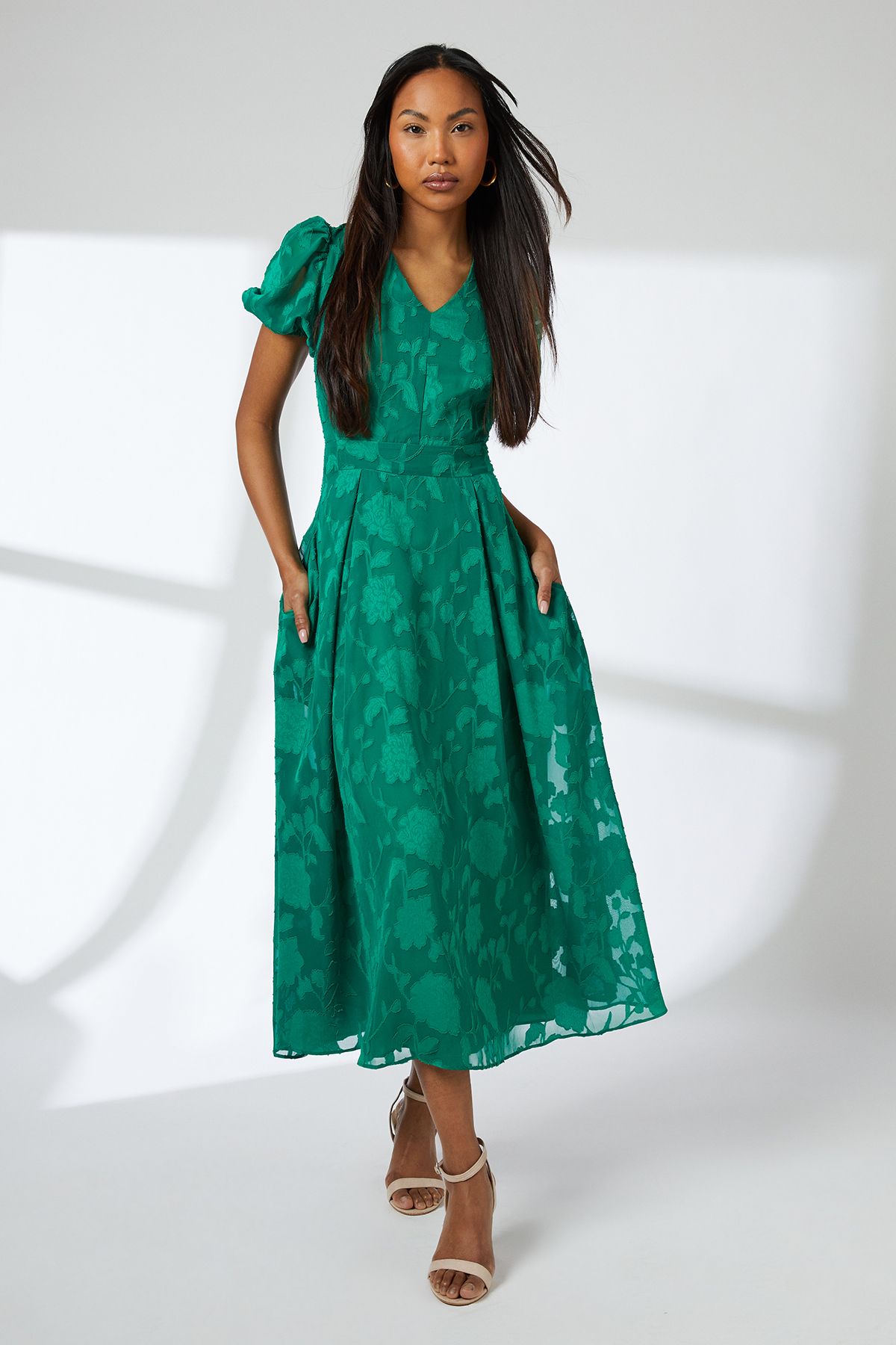 Principles Floral Jacquard Puff Sleeve Midi Dress Green image 1