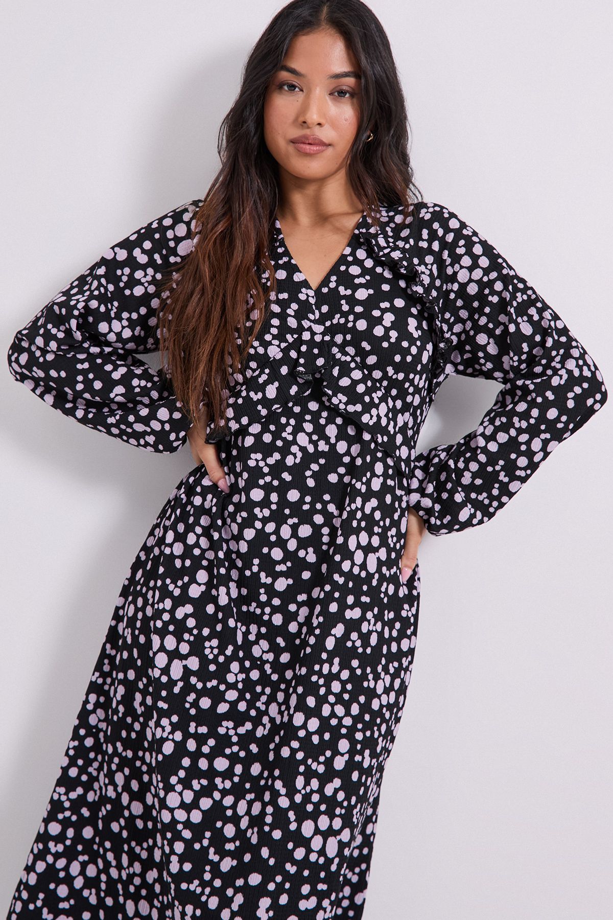 Dorothy Perkins Petite Purple Spot Empire Seam Frill Detail Jersey Midi Dress Blue image 4