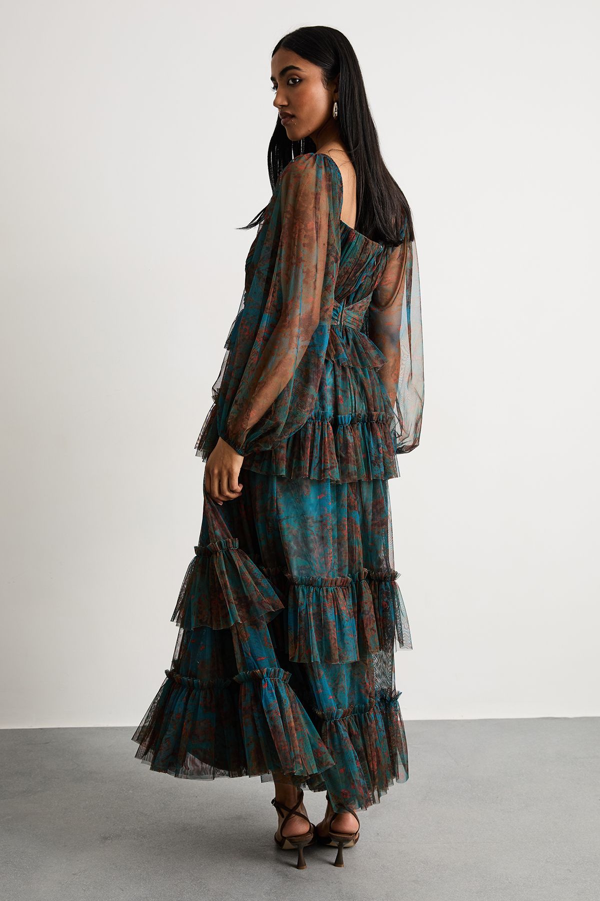 Warehouse Abstract Print Cut Out Gathered Tulle Maxi Dress With Tiers Blue image 3