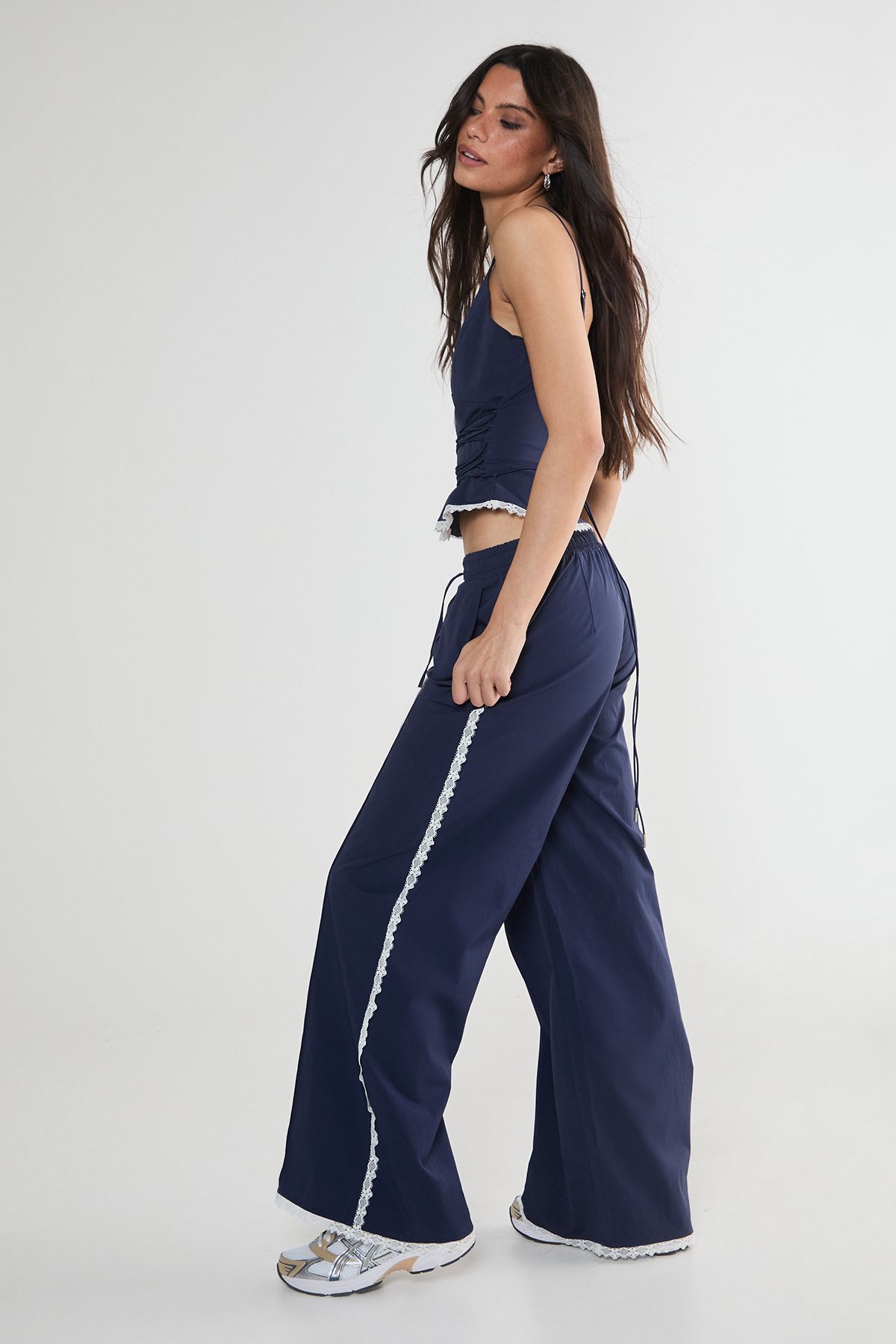 NastyGal Nylon Lace Trim Straight Leg Trouser Navy
