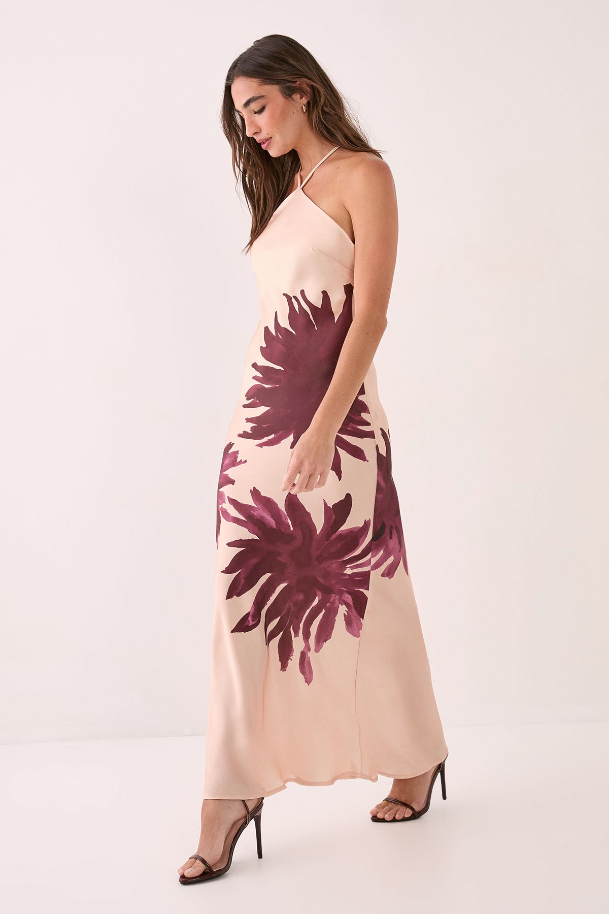 NastyGal Satin Floral Placement Halterneck Maxi Dress Nude image 2