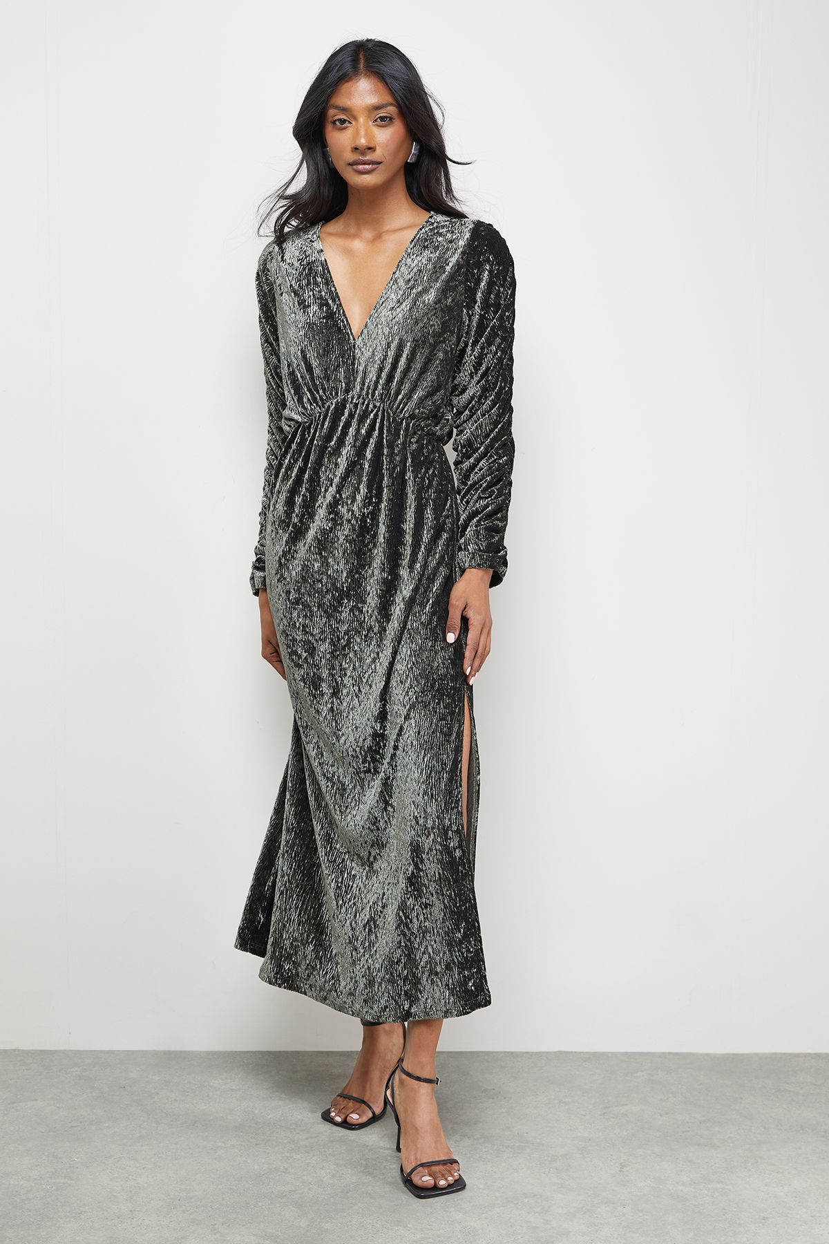 Warehouse Burnout Velvet Batwing Midi Dress Khaki image 1